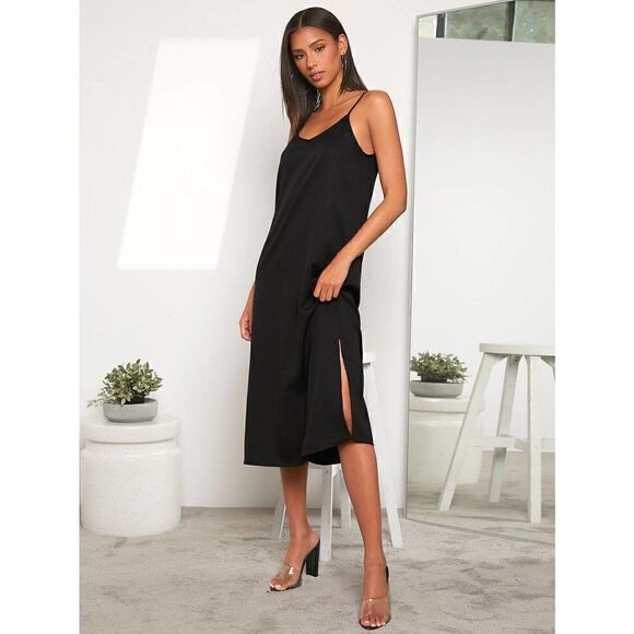 Minimalist Split hem Cami strap midi Dress black - Picture 5 of 11